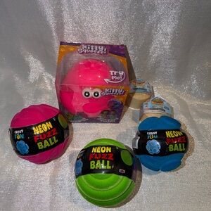 (2) Mini Squishy Dumplings With (1) Pink Squishy Kitty & (3) Neon Fuzz Balls Set